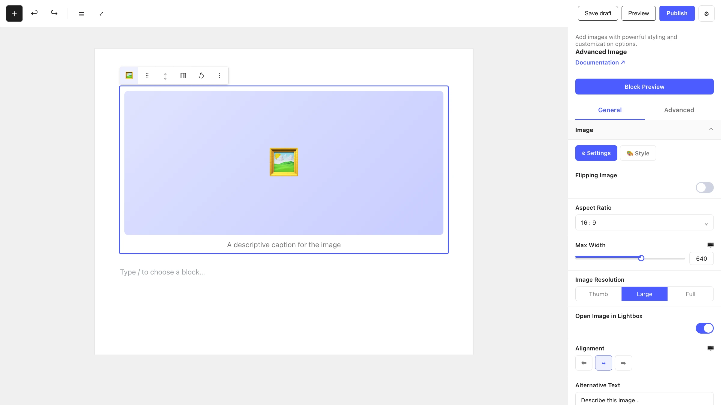 Advanced Image block in the editor