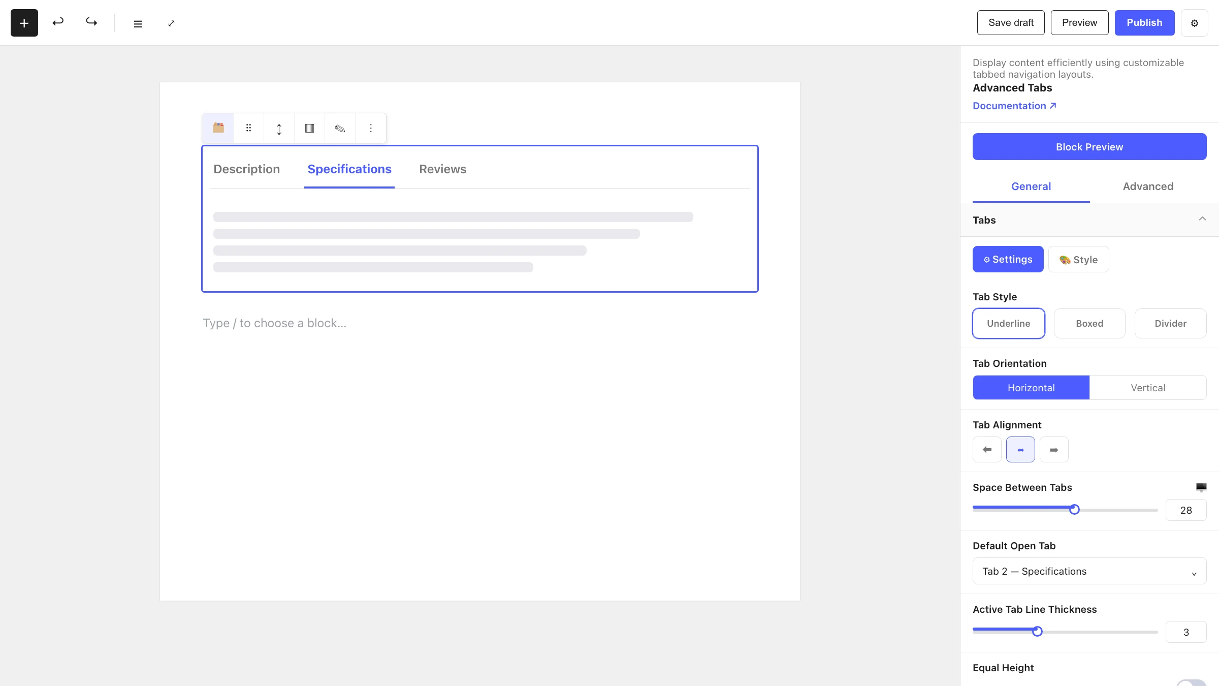Advanced Tabs block in the editor