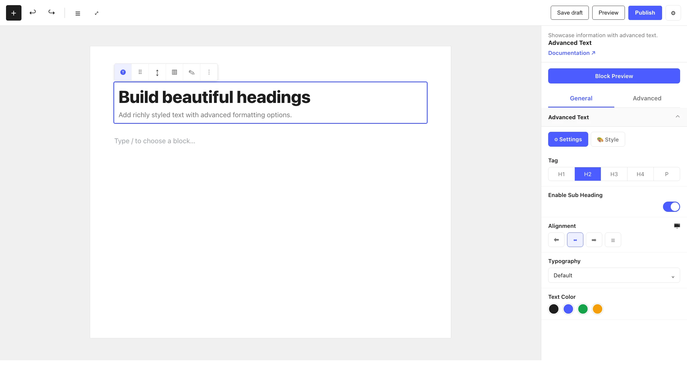 Advanced Text block in the editor