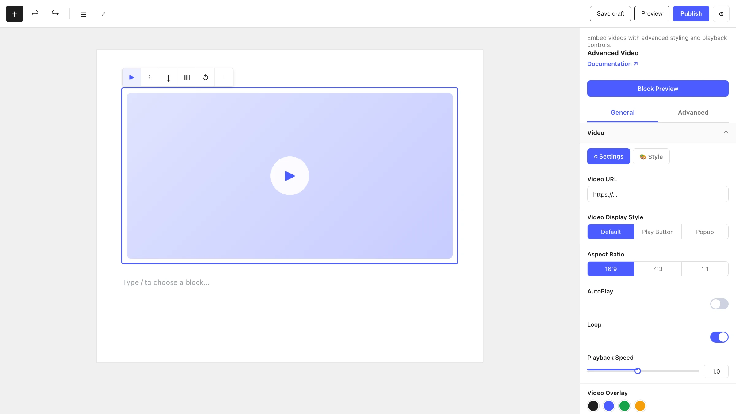 Advanced Video block in the editor