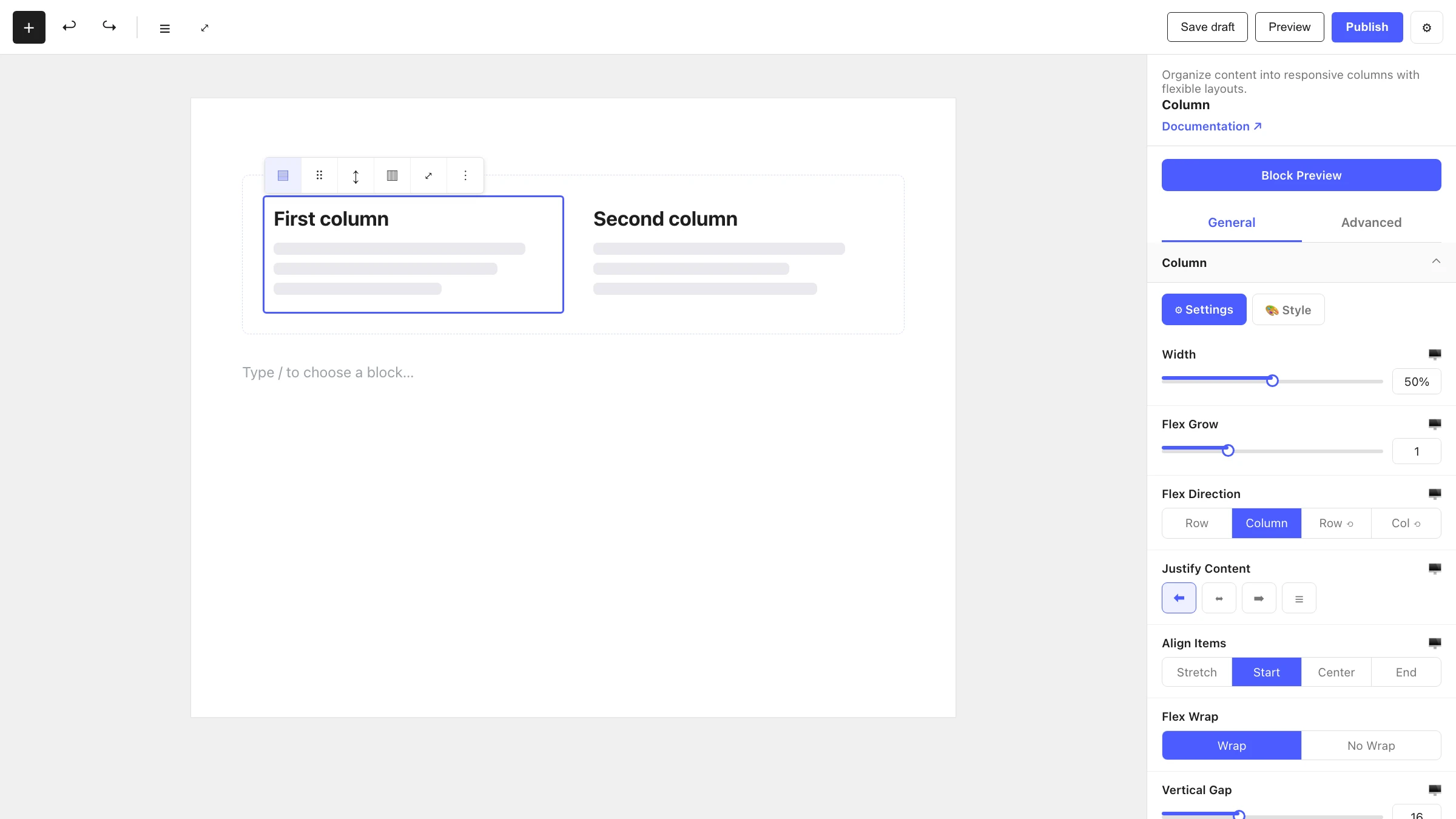 Column block in the editor