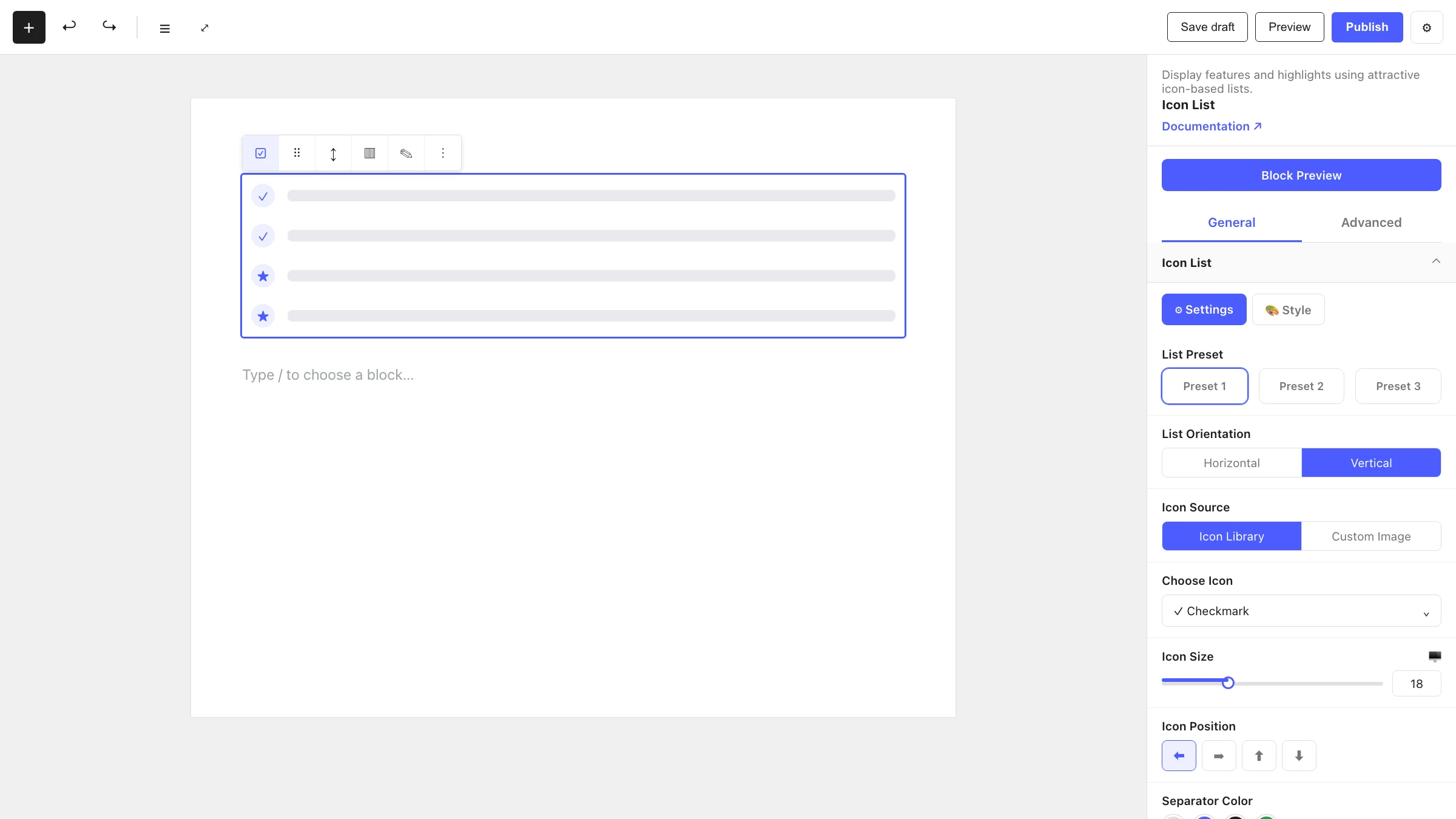 Icon List block in the editor