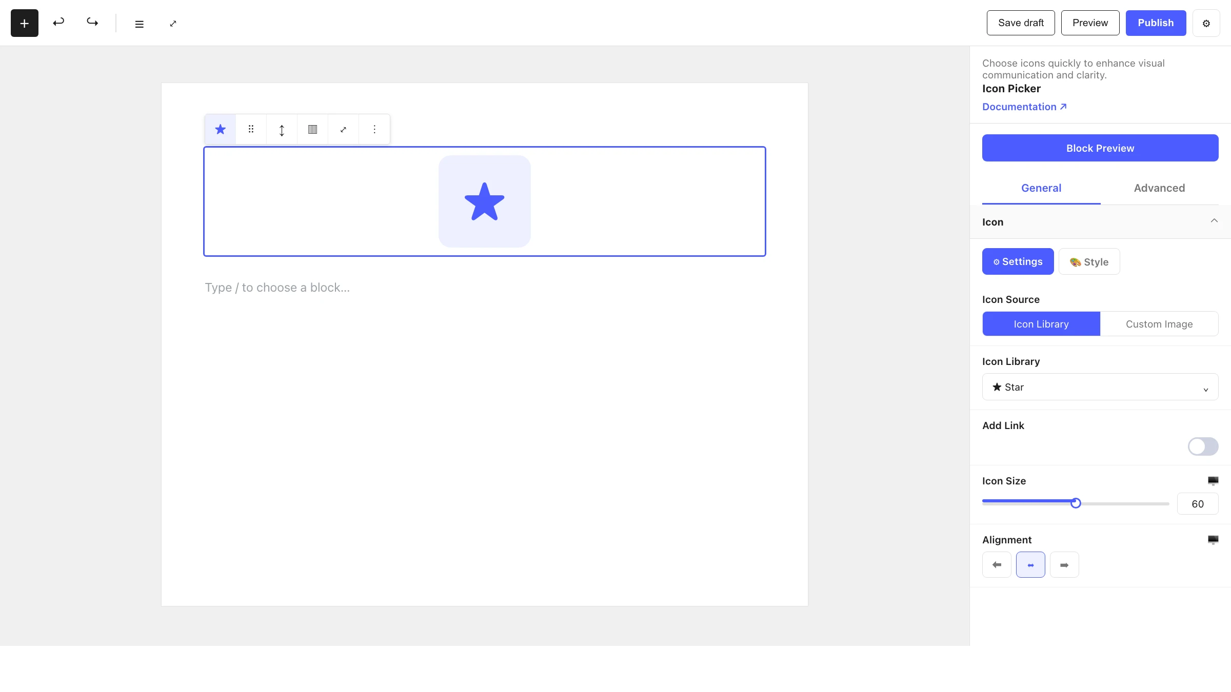 Icon Picker block in the editor