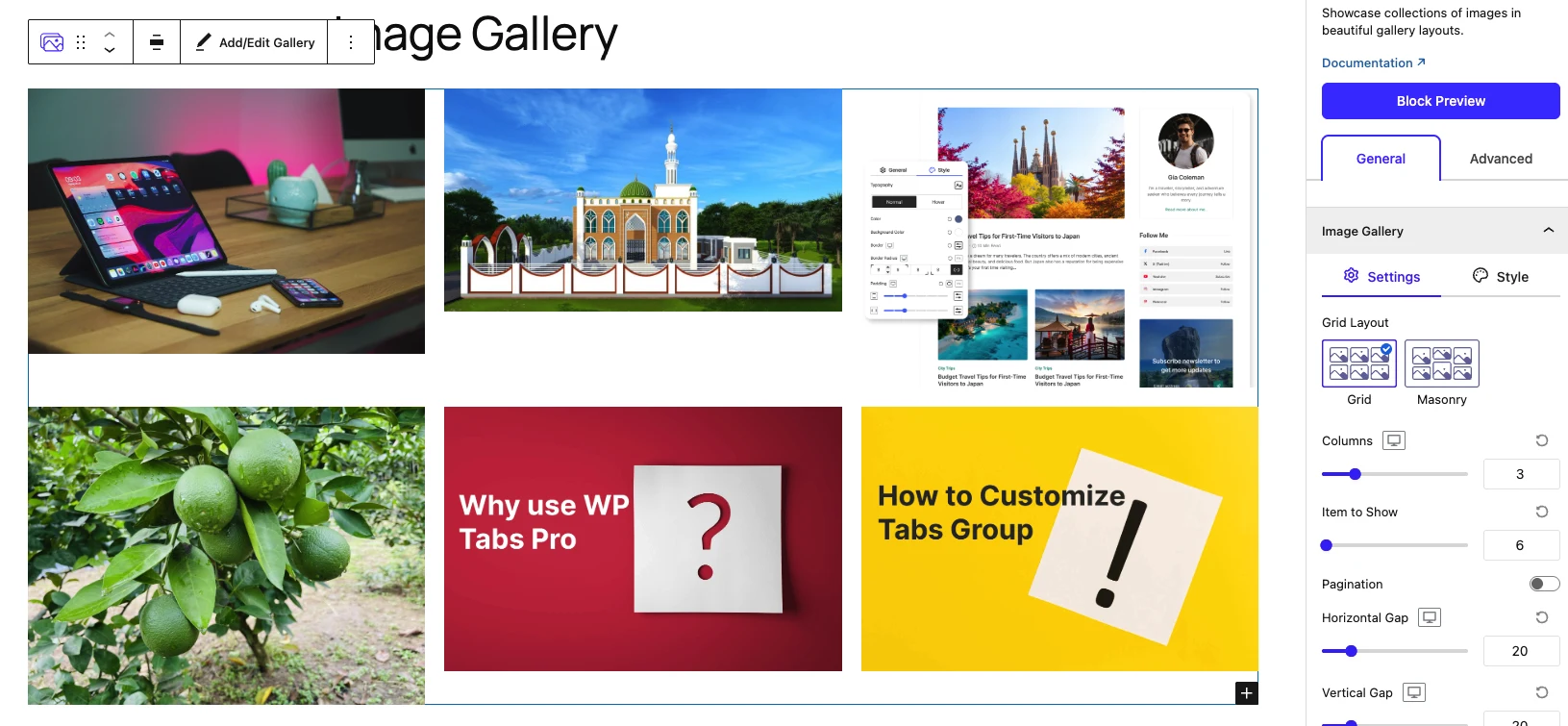 Image Gallery block in the editor
