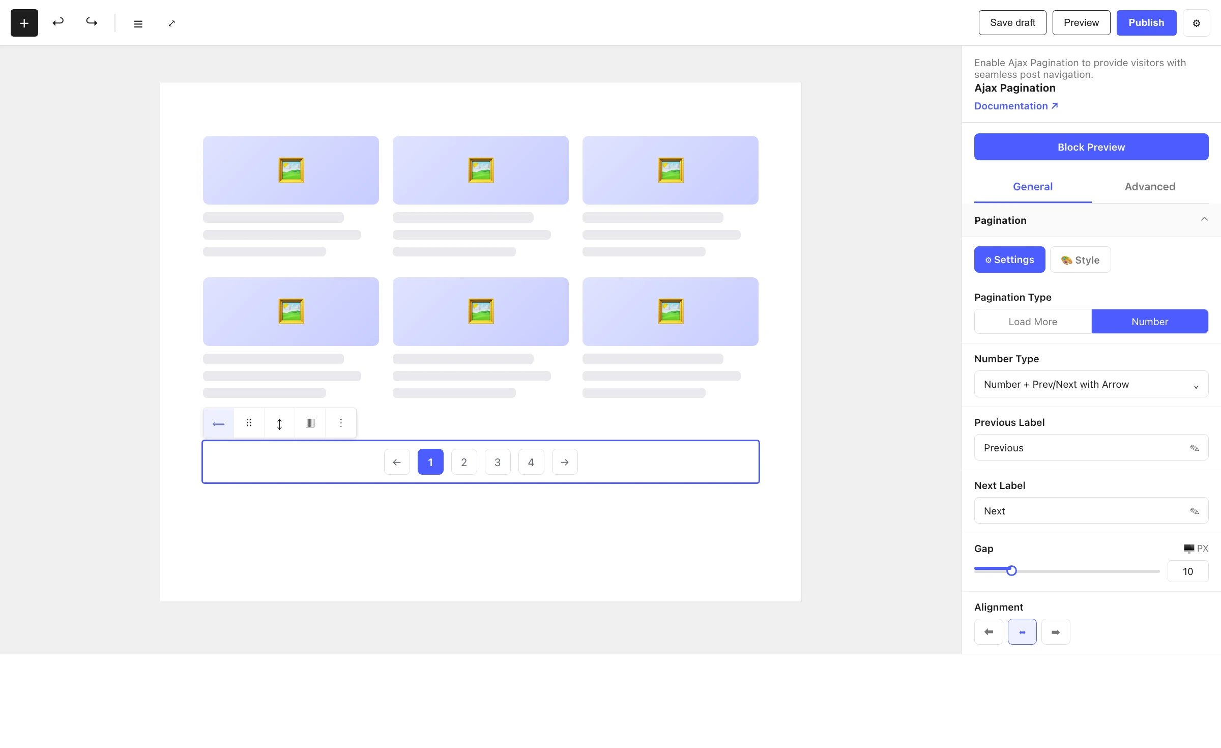 Ajax Pagination block in the editor