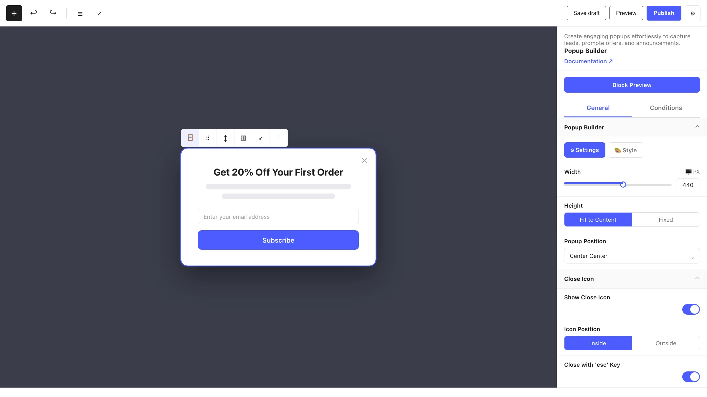 Popup Builder in the editor