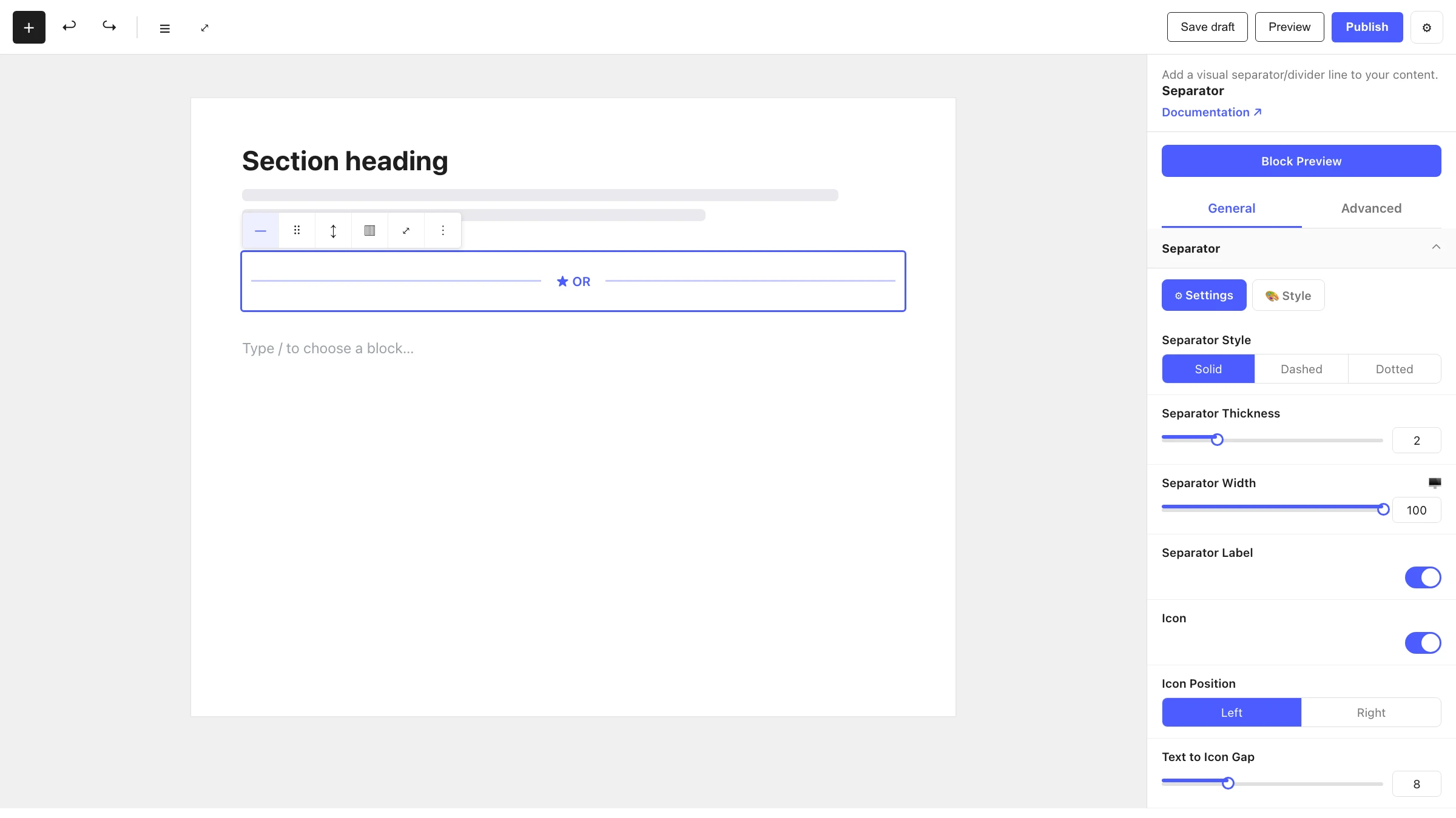 Separator block in the editor