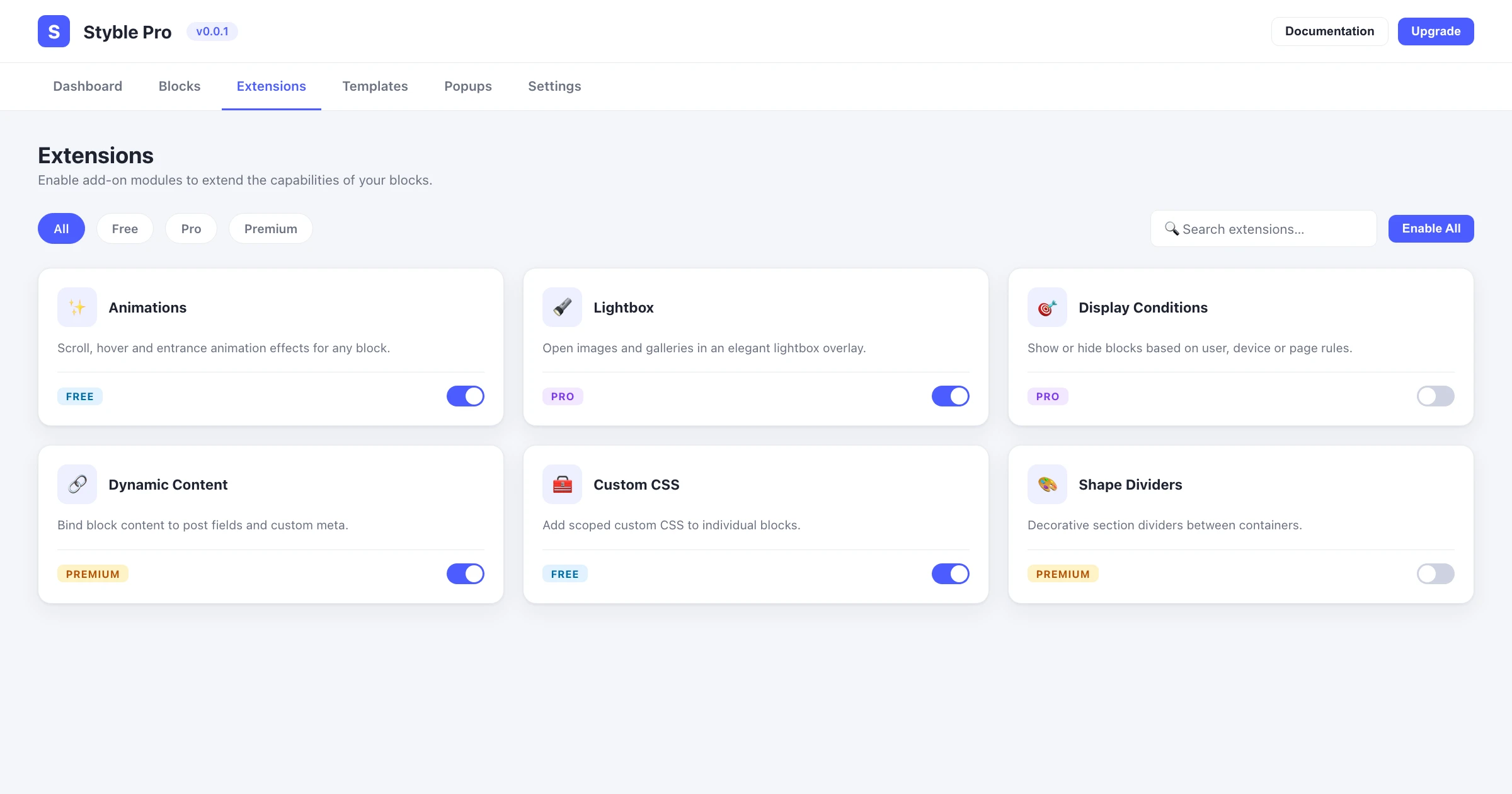 Extensions management screen