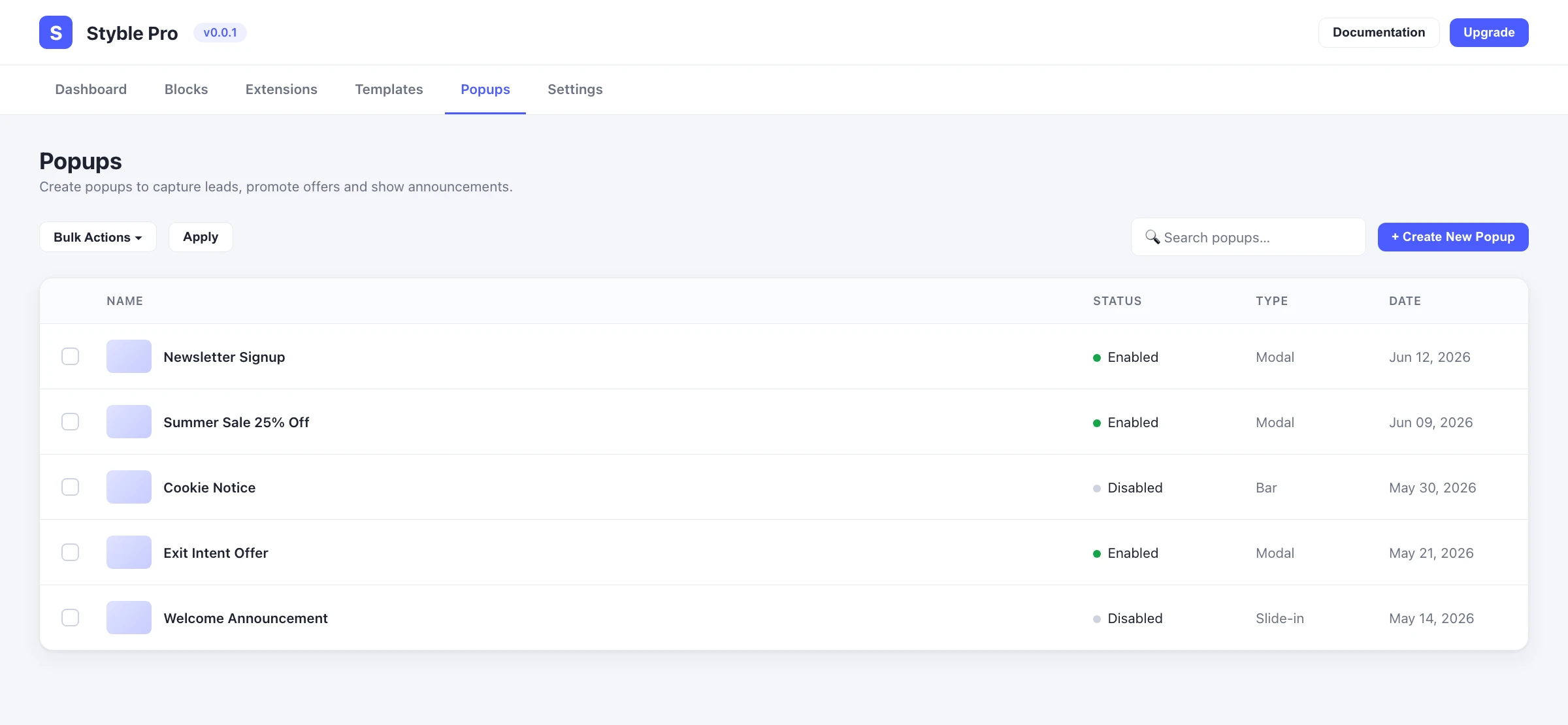 Popup Builder management screen
