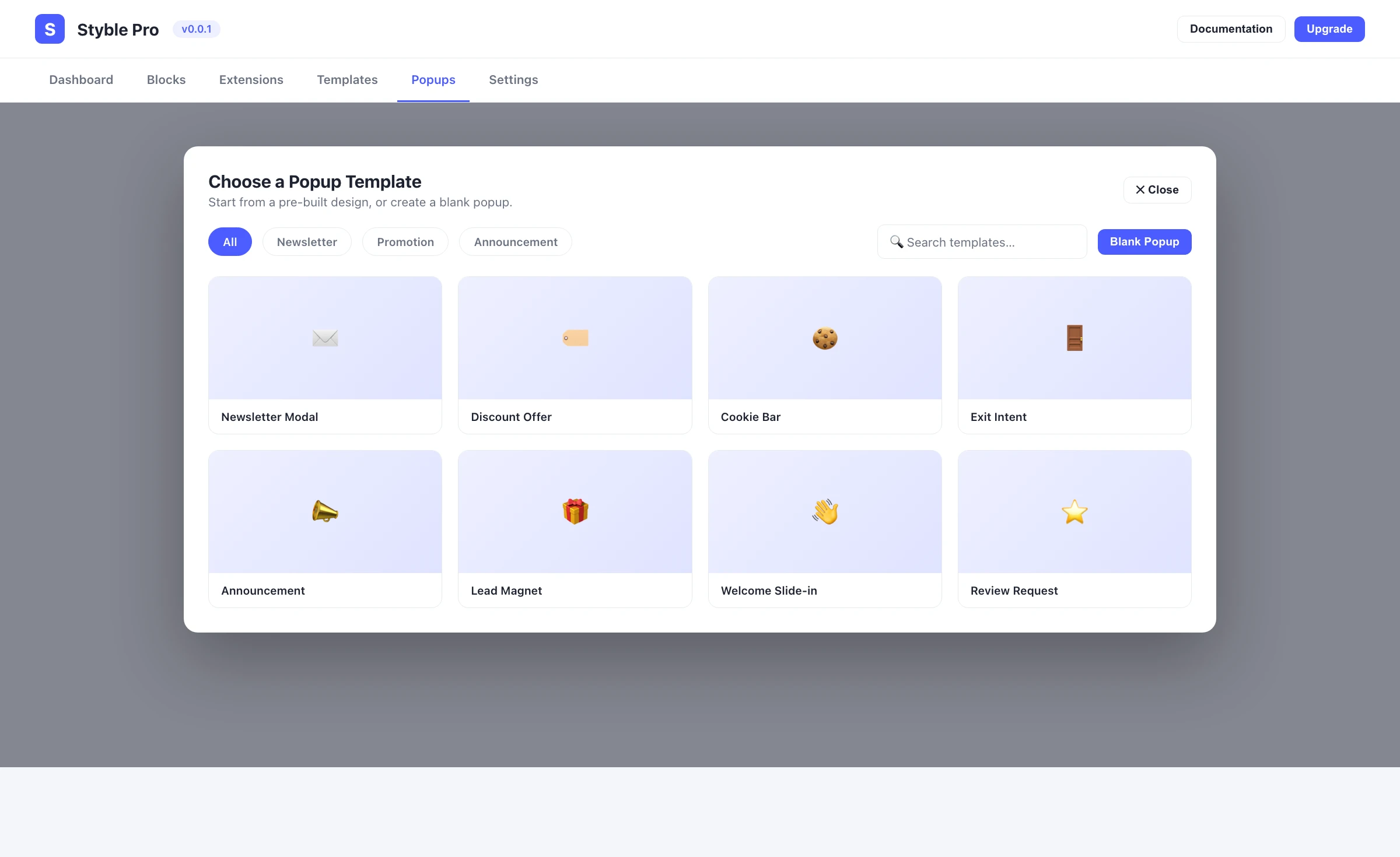 Popup template library